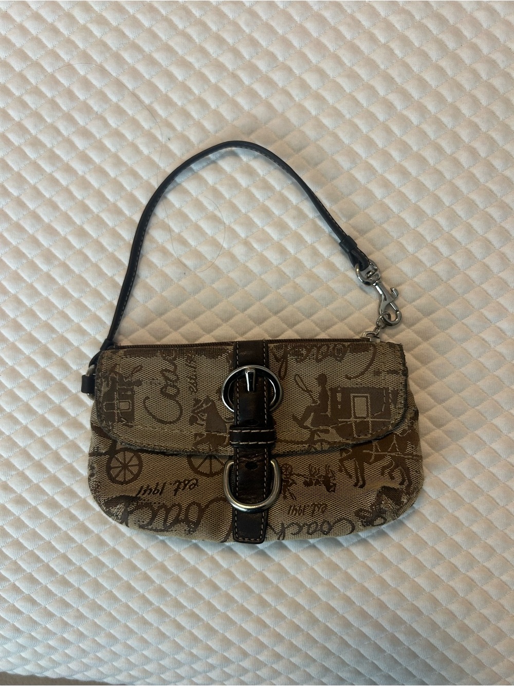 Coach Brown Signature Canvas Buckle Wristlet with Dark Brown Trim